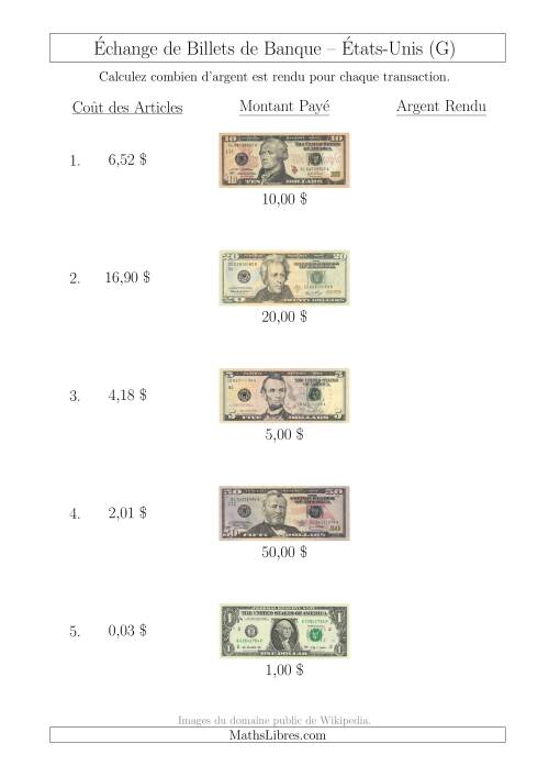Échange de Billets de Banque Américains Jusqu'à 50 $ (G)
