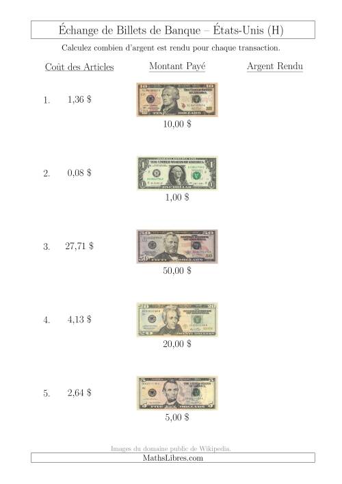Échange de Billets de Banque Américains Jusqu'à 50 $ (H)