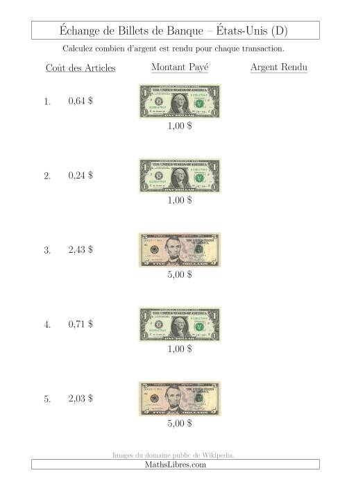 Échange de Billets de Banque Américains Jusqu'à 5 $ (D)