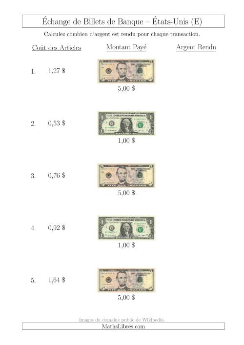 Échange de Billets de Banque Américains Jusqu'à 5 $ (E)