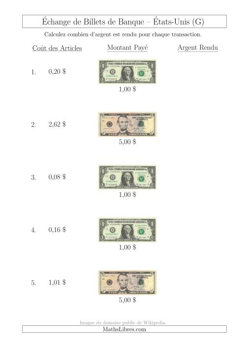 Échange de Billets de Banque Américains Jusqu'à 5 $ (G)