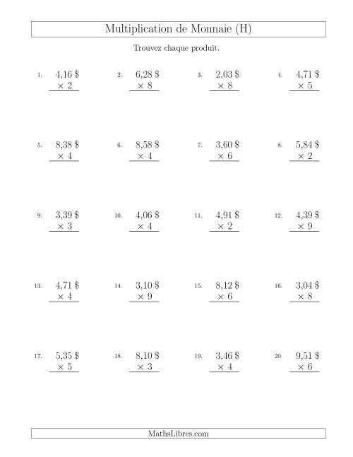 Multiplication de Montants par Bonds de 1 Cent par un Multiplicateur à Un Chiffre ($) (H)