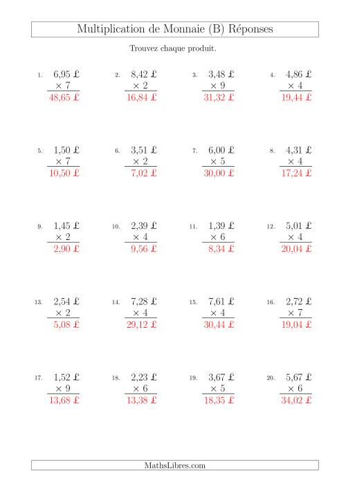 Multiplication de Montants par Bonds de 1 Cent par un Multiplicateur à Un Chiffre (£) (B) page 2