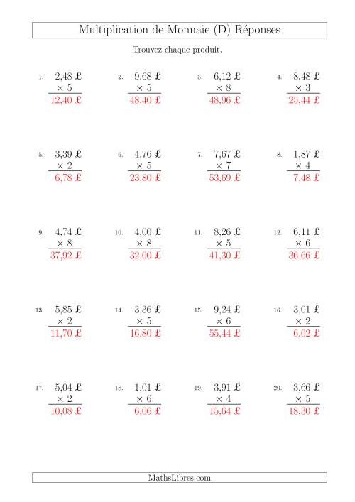 Multiplication de Montants par Bonds de 1 Cent par un Multiplicateur à Un Chiffre (£) (D) page 2