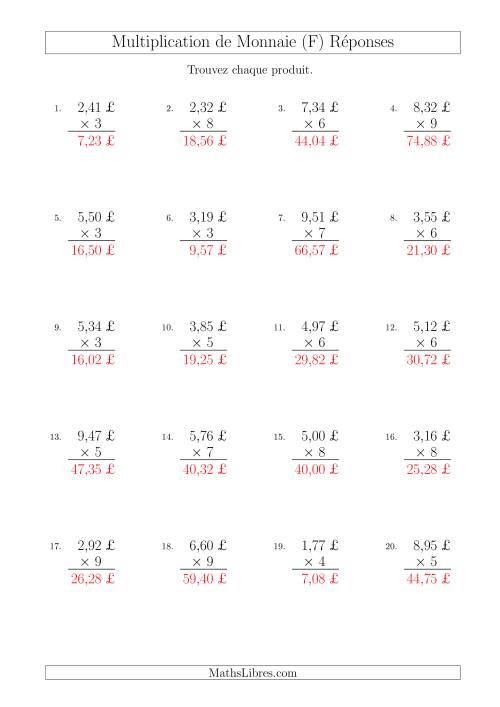 Multiplication de Montants par Bonds de 1 Cent par un Multiplicateur à Un Chiffre (£) (F) page 2