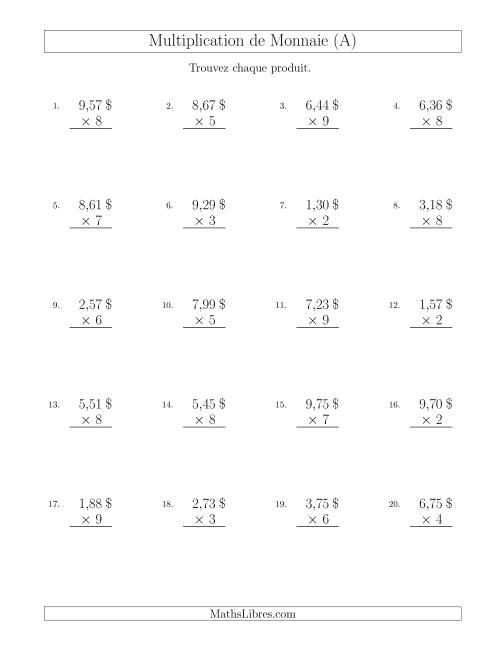 Multiplication de Montants par Bonds de 1 Cent par un Multiplicateur à Un Chiffre ($) (Tout)