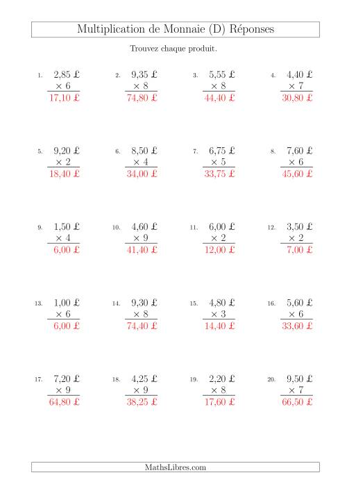 Multiplication de Montants par Bonds de 5 Cents par un Multiplicateur à Un Chiffre (£) (D) page 2
