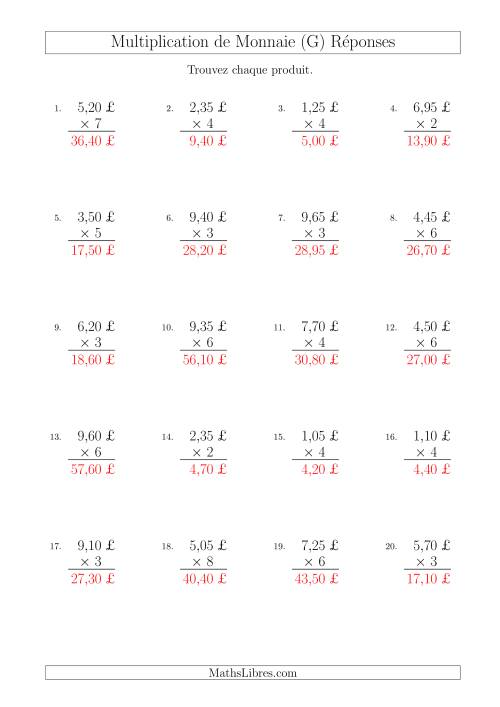 Multiplication de Montants par Bonds de 5 Cents par un Multiplicateur à Un Chiffre (£) (G) page 2