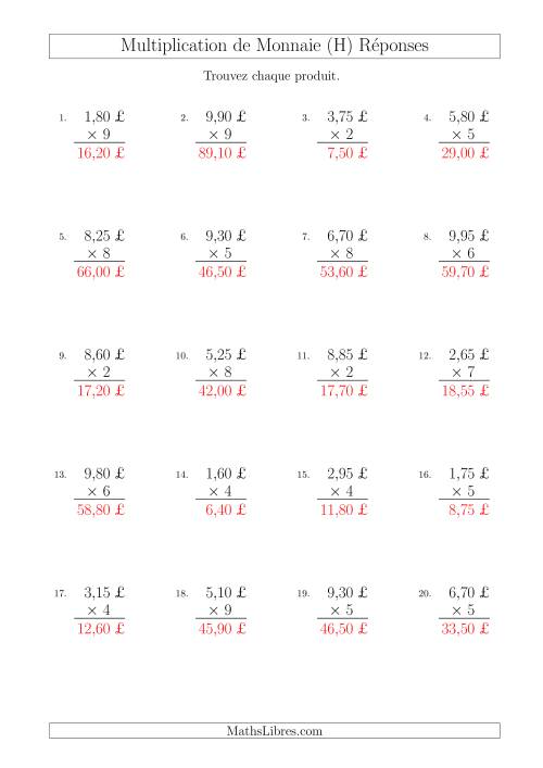 Multiplication de Montants par Bonds de 5 Cents par un Multiplicateur à Un Chiffre (£) (H) page 2