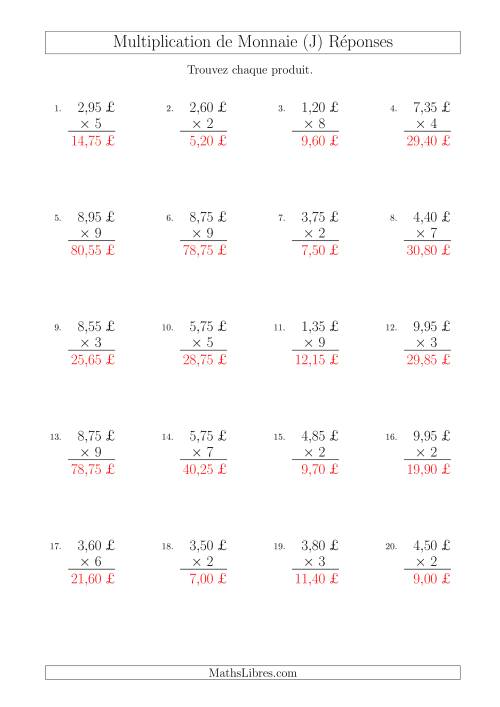 Multiplication de Montants par Bonds de 5 Cents par un Multiplicateur à Un Chiffre (£) (J) page 2