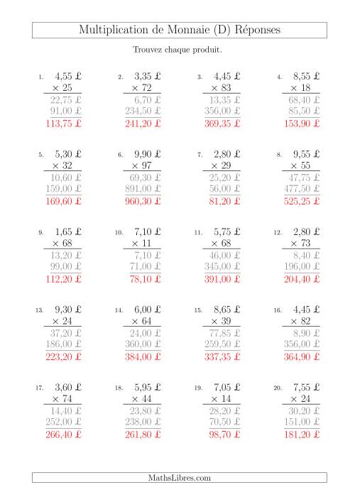 Multiplication de Montants par Bonds de 5 Cents par un Multiplicateur à Deux Chiffres (£) (D) page 2
