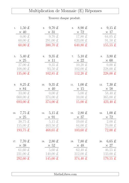 Multiplication de Montants par Bonds de 5 Cents par un Multiplicateur à Deux Chiffres (£) (E) page 2