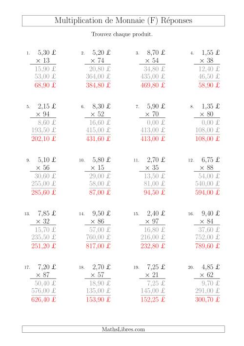 Multiplication de Montants par Bonds de 5 Cents par un Multiplicateur à Deux Chiffres (£) (F) page 2