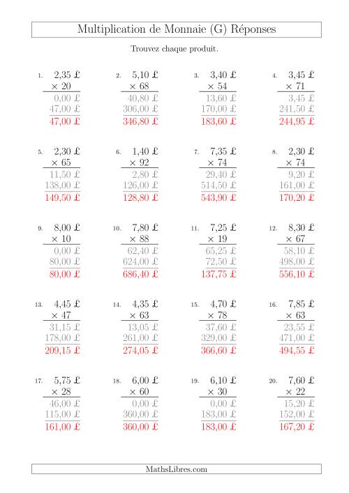 Multiplication de Montants par Bonds de 5 Cents par un Multiplicateur à Deux Chiffres (£) (G) page 2