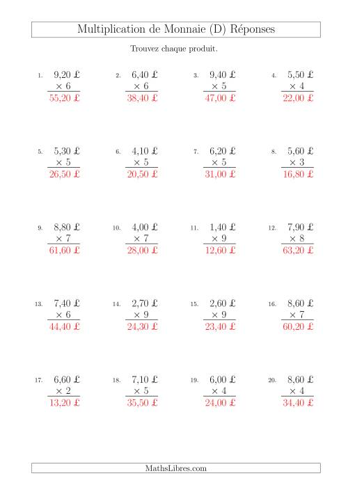 Multiplication de Montants par Bonds de 10 Cents par un Multiplicateur à Un Chiffre (£) (D) page 2