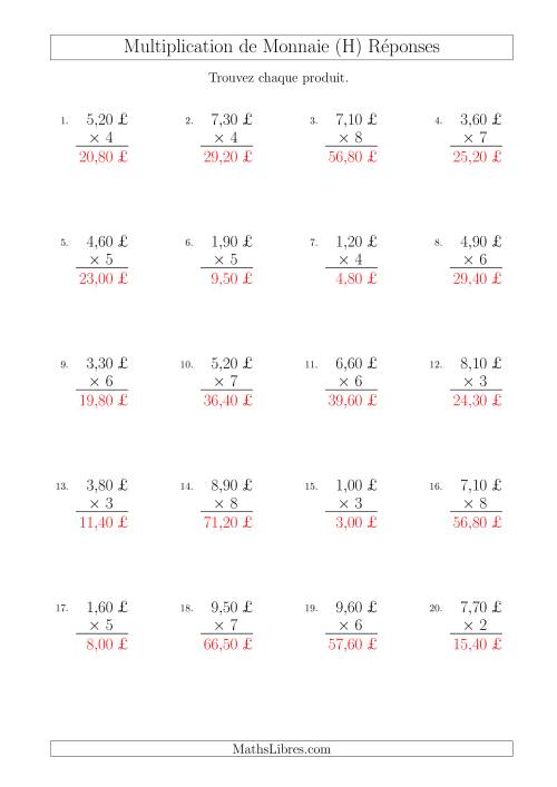 Multiplication de Montants par Bonds de 10 Cents par un Multiplicateur à Un Chiffre (£) (H) page 2