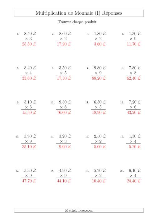 Multiplication de Montants par Bonds de 10 Cents par un Multiplicateur à Un Chiffre (£) (I) page 2