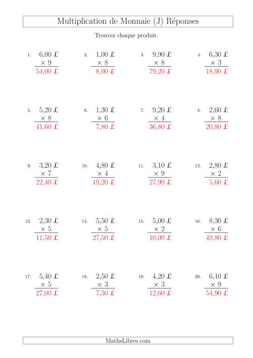 Multiplication de Montants par Bonds de 10 Cents par un Multiplicateur à Un Chiffre (£) (J) page 2