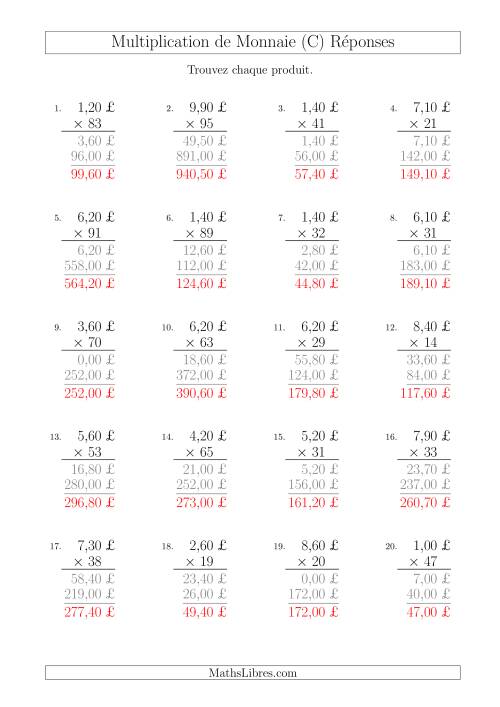 Multiplication de Montants par Bonds de 10 Cents par un Multiplicateur à Deux Chiffres (£) (C) page 2