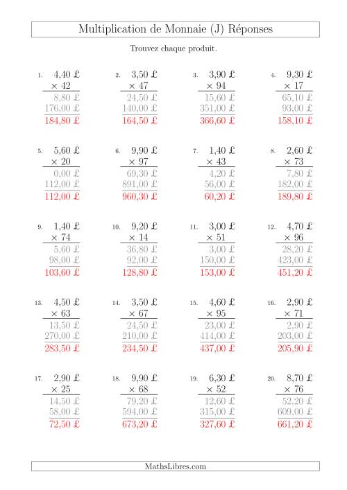 Multiplication de Montants par Bonds de 10 Cents par un Multiplicateur à Deux Chiffres (£) (J) page 2