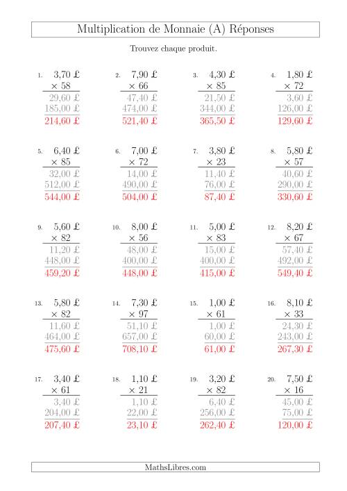 Multiplication de Montants par Bonds de 10 Cents par un Multiplicateur à Deux Chiffres (£) (Tout) page 2