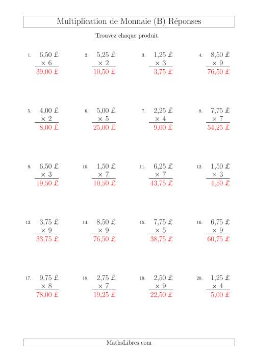 Multiplication de Montants par Bonds de 25 Cents par un Multiplicateur à Un Chiffre (£) (B) page 2