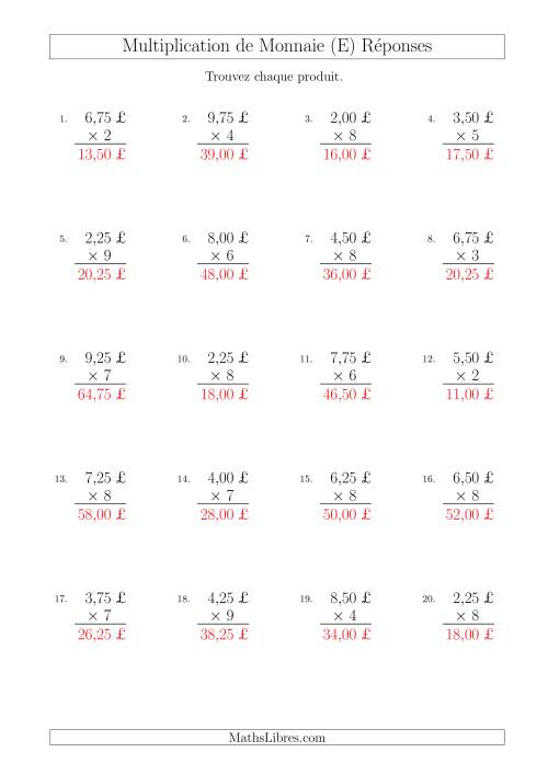 Multiplication de Montants par Bonds de 25 Cents par un Multiplicateur à Un Chiffre (£) (E) page 2