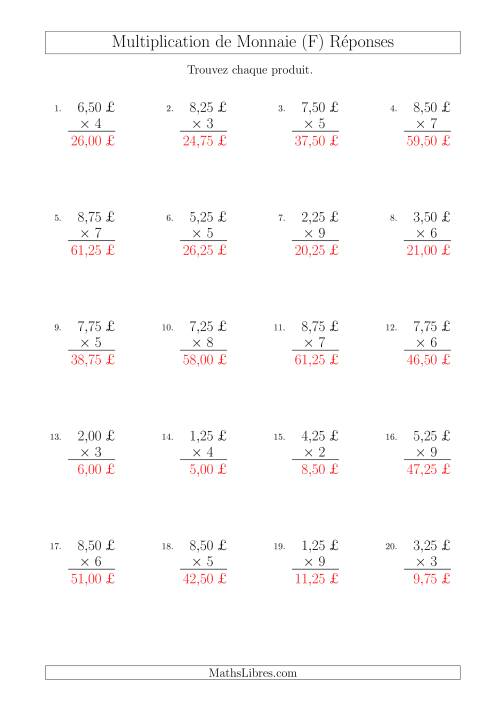 Multiplication de Montants par Bonds de 25 Cents par un Multiplicateur à Un Chiffre (£) (F) page 2
