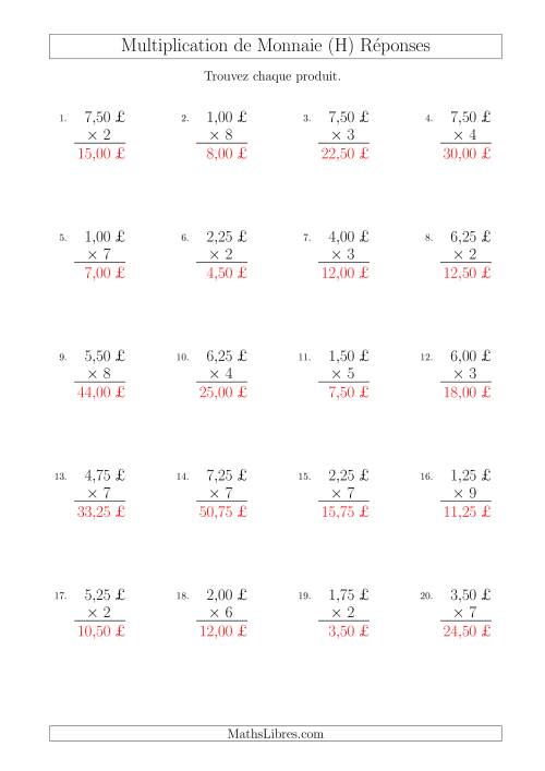 Multiplication de Montants par Bonds de 25 Cents par un Multiplicateur à Un Chiffre (£) (H) page 2