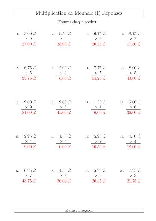 Multiplication de Montants par Bonds de 25 Cents par un Multiplicateur à Un Chiffre (£) (I) page 2