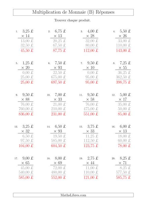 Multiplication de Montants par Bonds de 25 Cents par un Multiplicateur à Deux Chiffres (£) (B) page 2