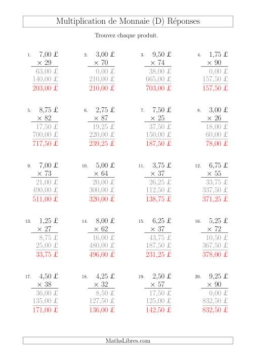 Multiplication de Montants par Bonds de 25 Cents par un Multiplicateur à Deux Chiffres (£) (D) page 2
