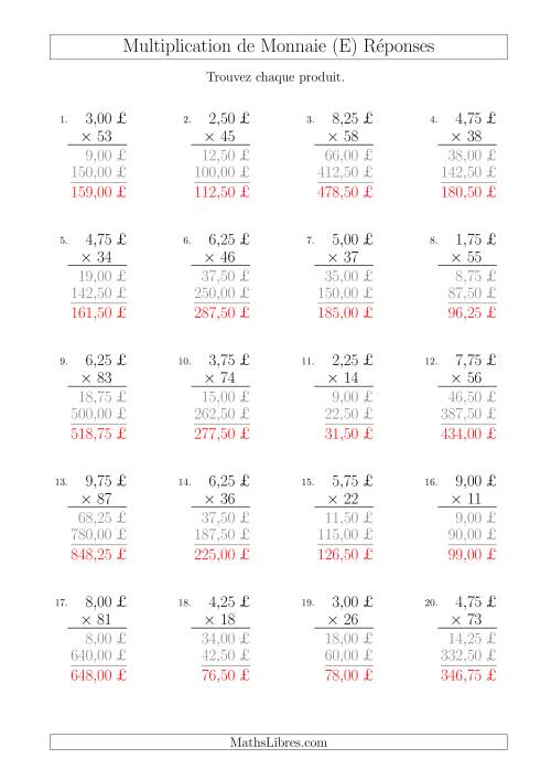 Multiplication de Montants par Bonds de 25 Cents par un Multiplicateur à Deux Chiffres (£) (E) page 2