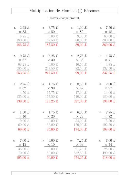 Multiplication de Montants par Bonds de 25 Cents par un Multiplicateur à Deux Chiffres (£) (I) page 2