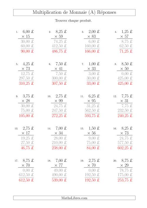 Multiplication de Montants par Bonds de 25 Cents par un Multiplicateur à Deux Chiffres (£) (Tout) page 2