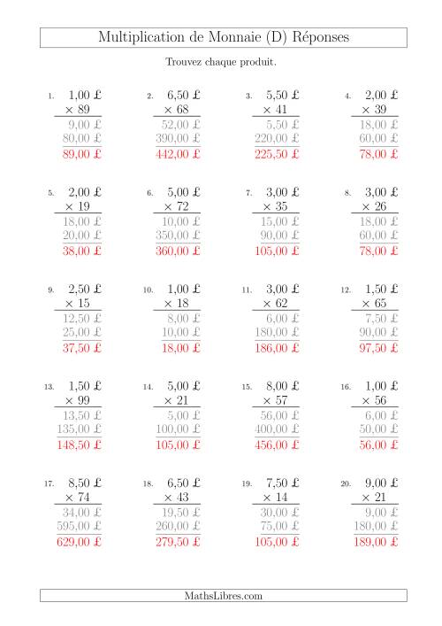 Multiplication de Montants par Bonds de 50 Cents par un Multiplicateur à Deux Chiffres (£) (D) page 2