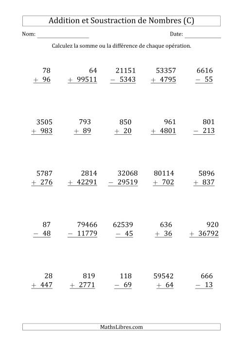 Addition et Soustraction des Nombres à 2, 3, 4 et 5 Chiffres (C)