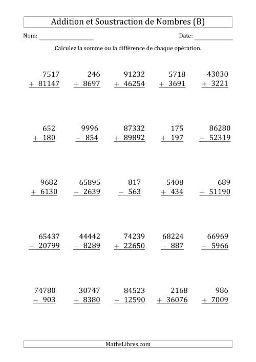 Addition et Soustraction des Nombres à 3, 4 et 5 Chiffres (B)