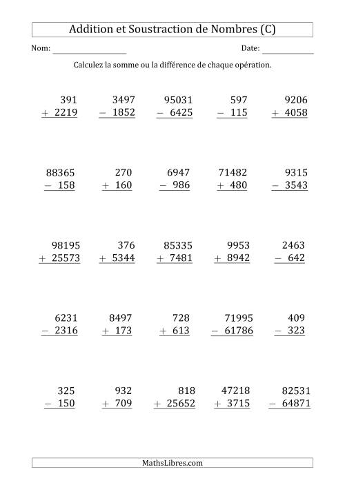 Addition et Soustraction des Nombres à 3, 4 et 5 Chiffres (C)