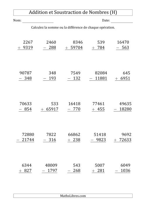 Addition et Soustraction des Nombres à 3, 4 et 5 Chiffres (H)