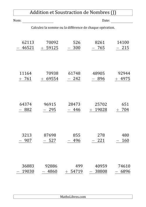 Addition et Soustraction des Nombres à 3, 4 et 5 Chiffres (J)