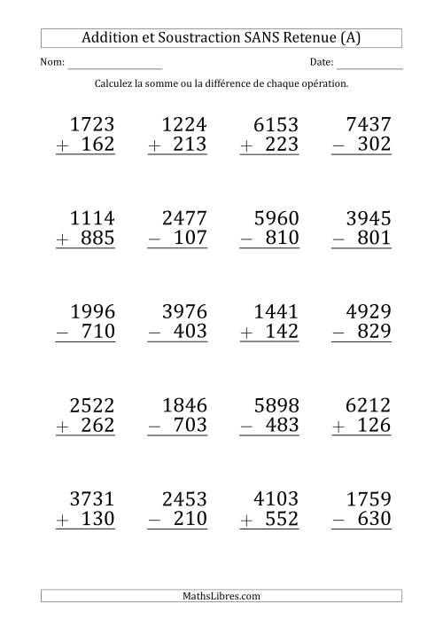 Addition et Soustraction d'un Nombre à 4 Chiffres par un Nombre à 3 Chiffres SANS retenue (Gros Caractère) (A)