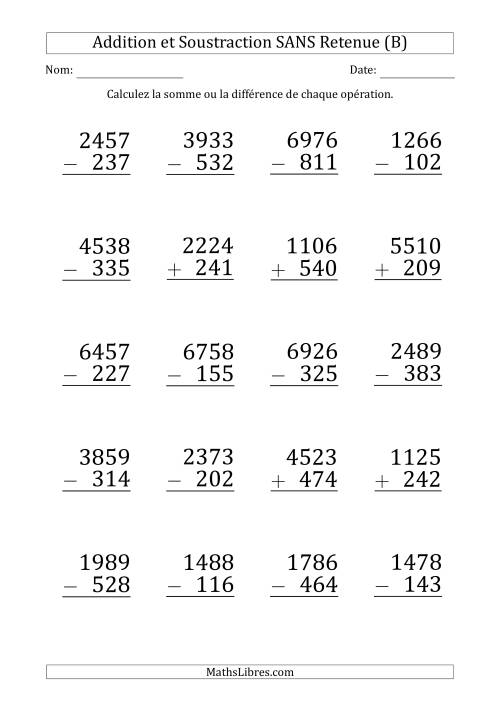 Addition et Soustraction d'un Nombre à 4 Chiffres par un Nombre à 3 Chiffres SANS retenue (Gros Caractère) (B)