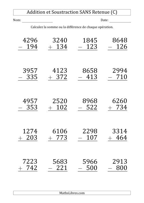 Addition et Soustraction d'un Nombre à 4 Chiffres par un Nombre à 3 Chiffres SANS retenue (Gros Caractère) (C)
