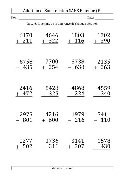 Addition et Soustraction d'un Nombre à 4 Chiffres par un Nombre à 3 Chiffres SANS retenue (Gros Caractère) (F)
