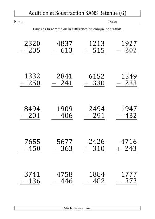 Addition et Soustraction d'un Nombre à 4 Chiffres par un Nombre à 3 Chiffres SANS retenue (Gros Caractère) (G)