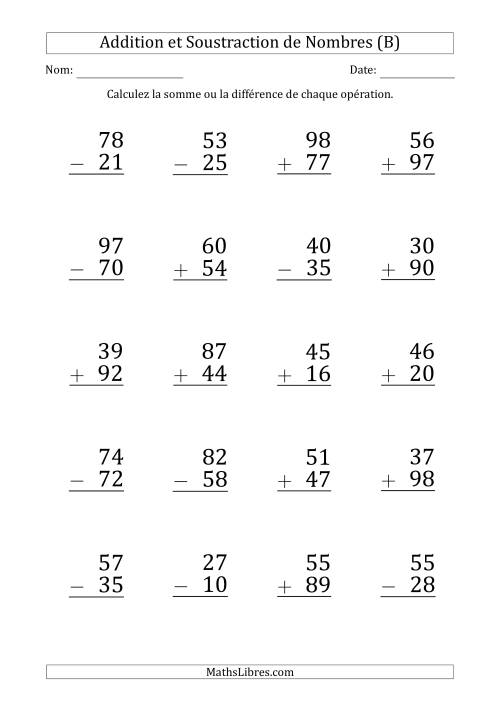 Addition et Soustraction d'un Nombre à 2 Chiffres par un Nombre à 2 Chiffres (Gros Caractère) (B)
