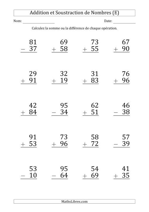 Addition et Soustraction d'un Nombre à 2 Chiffres par un Nombre à 2 Chiffres (Gros Caractère) (E)