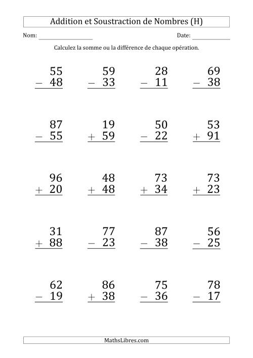 Addition et Soustraction d'un Nombre à 2 Chiffres par un Nombre à 2 Chiffres (Gros Caractère) (H)