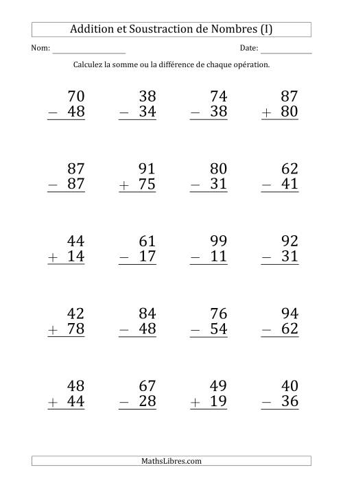 Addition et Soustraction d'un Nombre à 2 Chiffres par un Nombre à 2 Chiffres (Gros Caractère) (I)